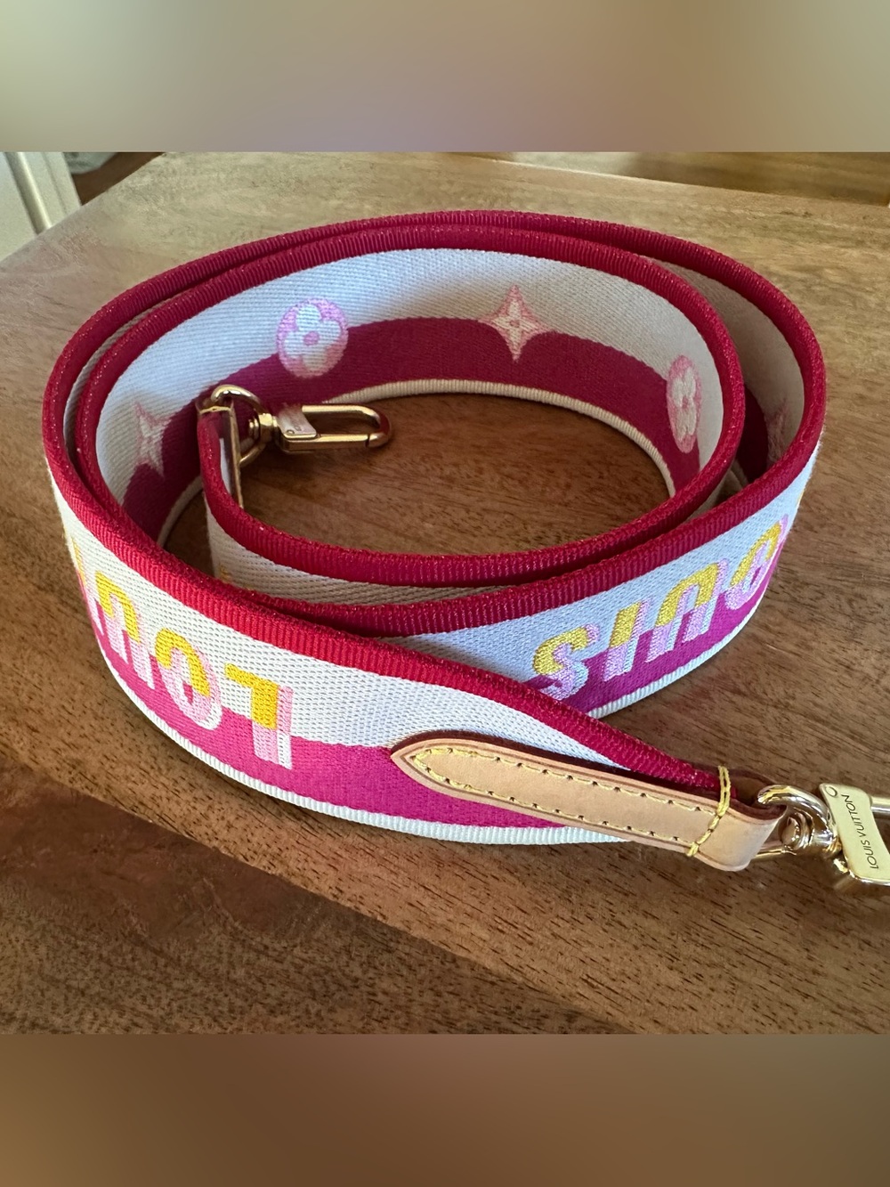 Louis Vuitton Pink and White Striped Bag Strap with Gold Hardware
